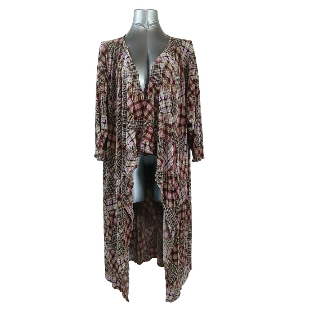 LuLaRoe Shirley Kimono Duster Large‎ Brown Lavender Patchwork Plaid Pleated Open